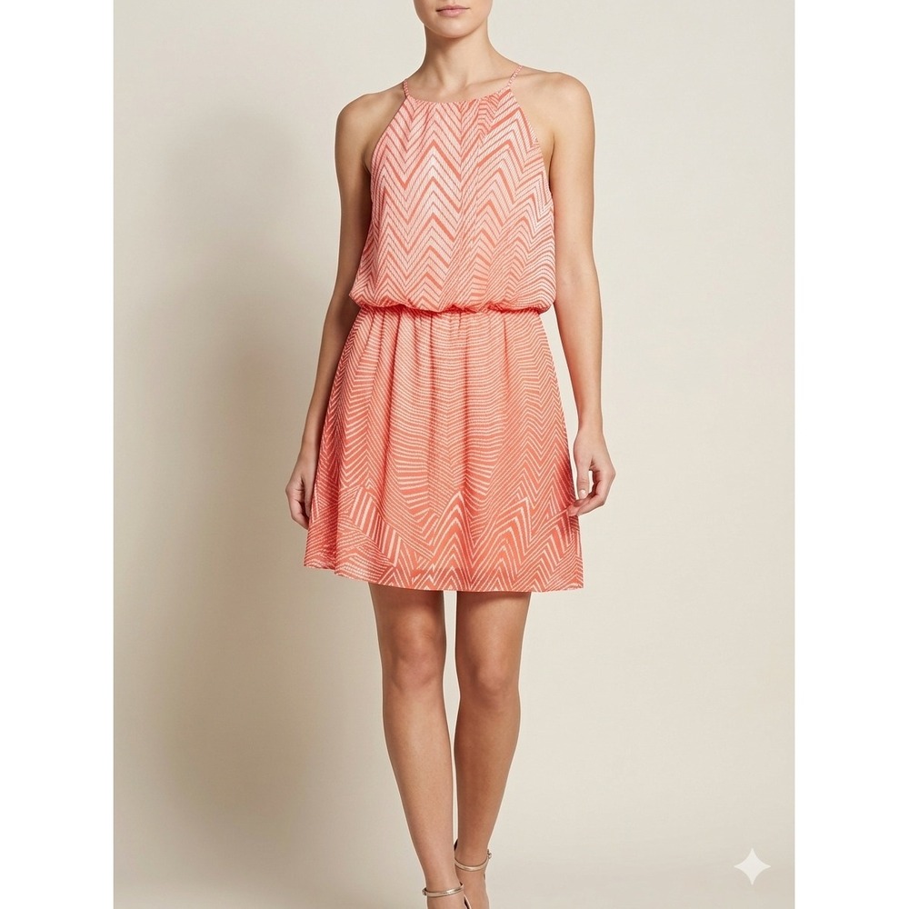 Guess Euro Summer Coral White Chevron Halter Mini Dress Womens Size 8